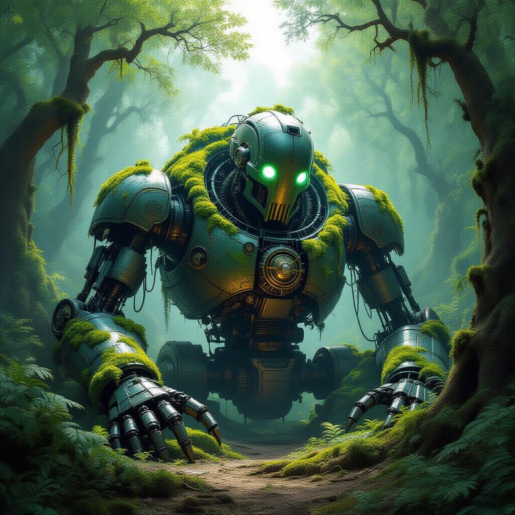 Ancient Automaton Slumbers in Enchanted Forest Glade