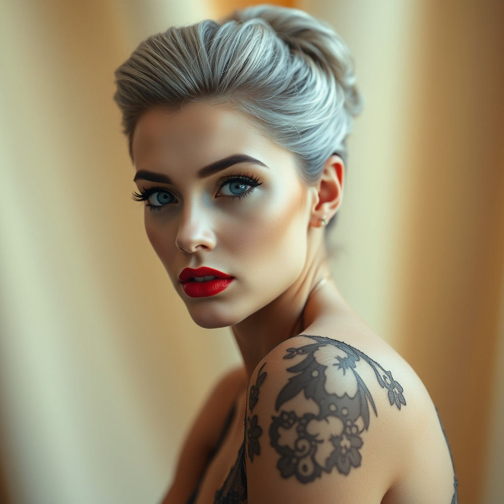 Elegant Woman with Silver Hair and Crimson Lips