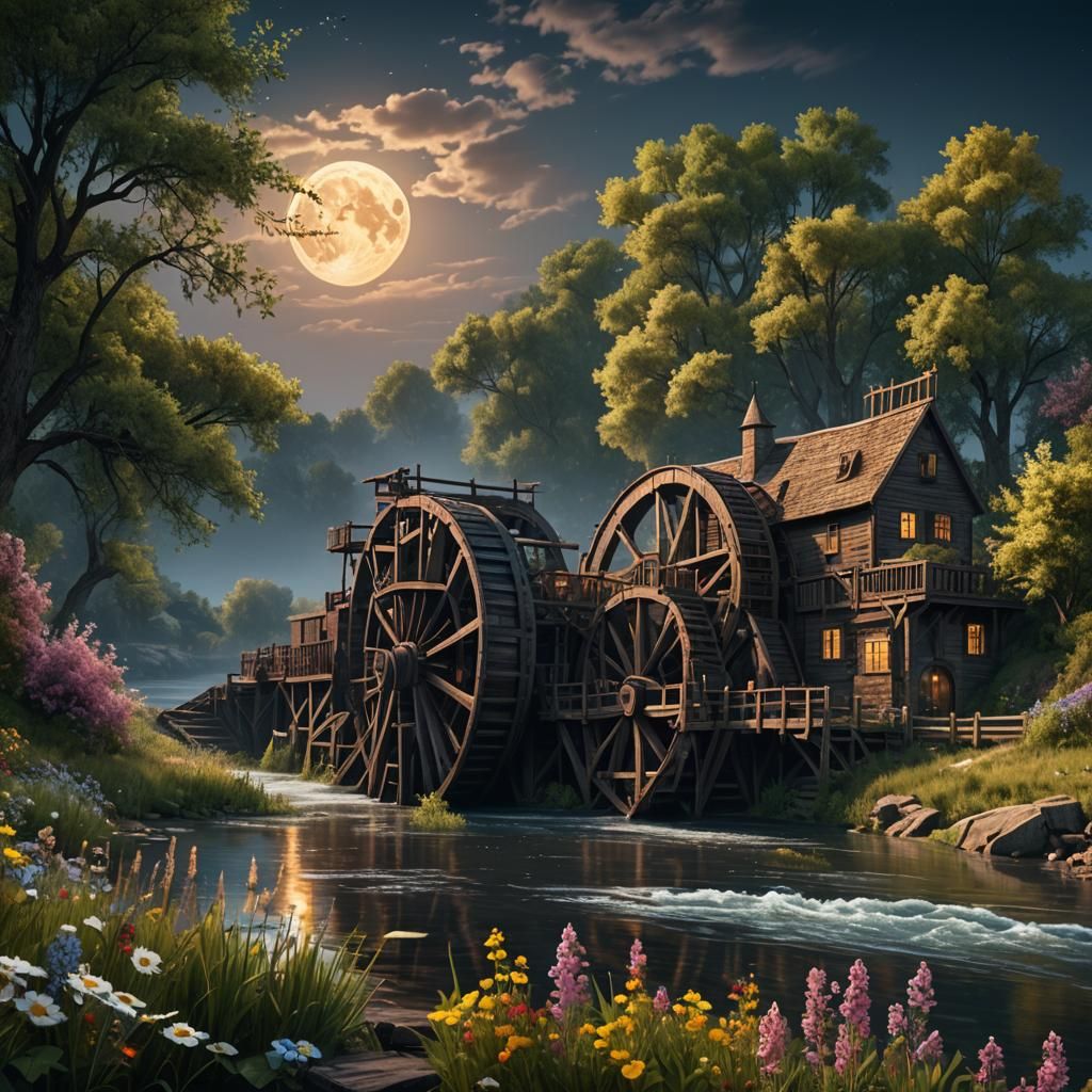 Paddle Wheel Boat on River Under Moon: Fantasy Art