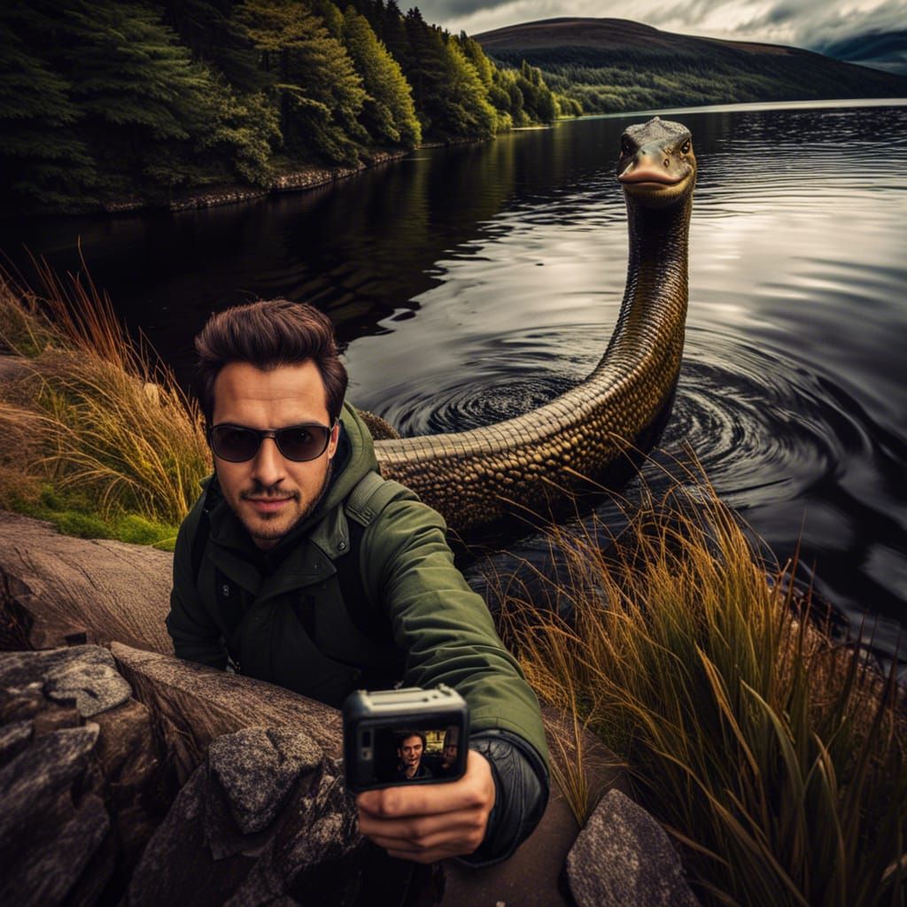 Selfie with Nessie in Loch Ness: Hyperrealistic