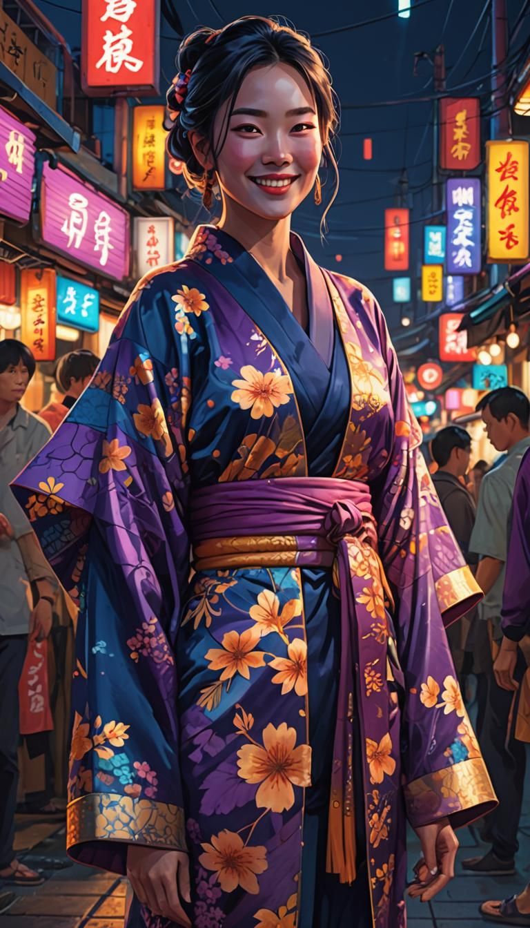 Girl in Kimono at Night Market: Digital Painting
