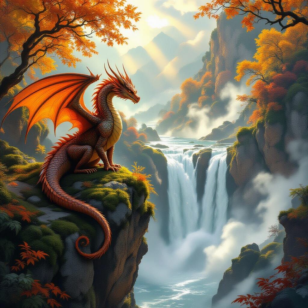 Majestic Dragon Overlooking Autumn Waterfall