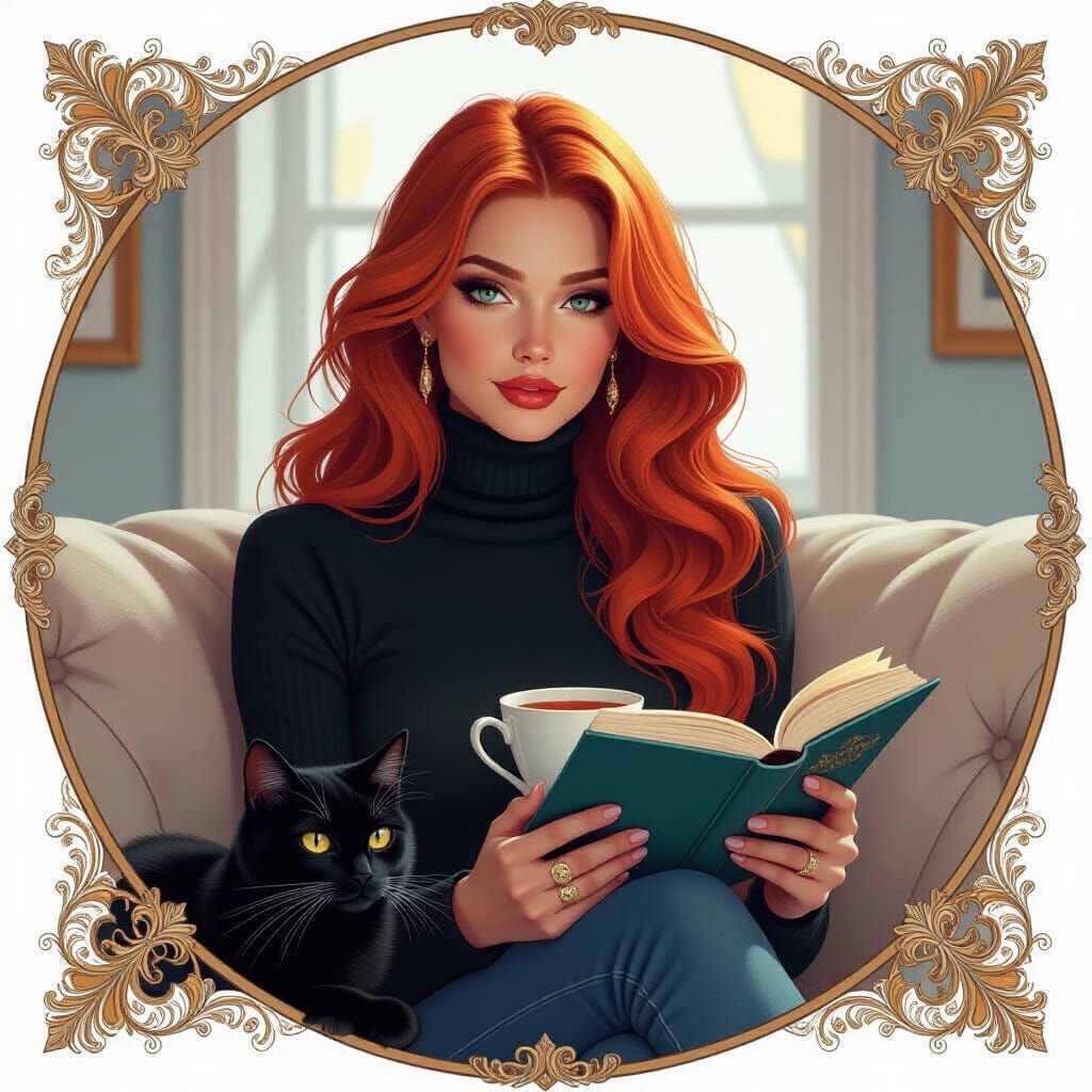 Woman with Orange Hair and Cat Reading by Dynamic Light
