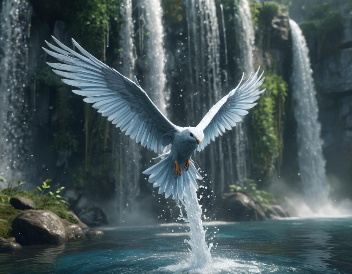 Hyperrealistic Sip Soaring Near Waterfall