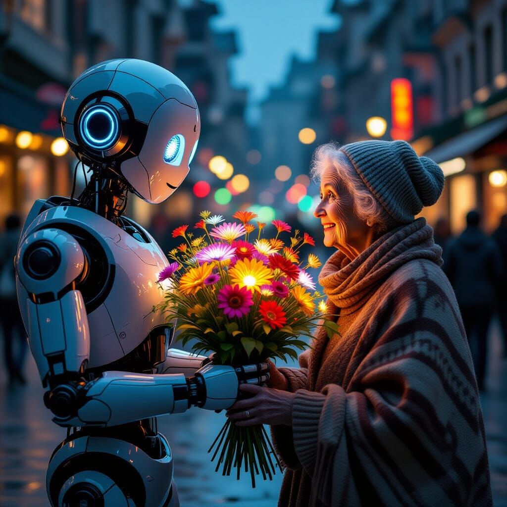 Kind Robot Offers Flowers to Woman in City Square