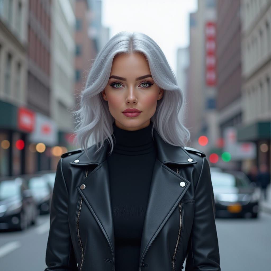 Silver-Haired Woman in New York City: Futuristic Minimalism