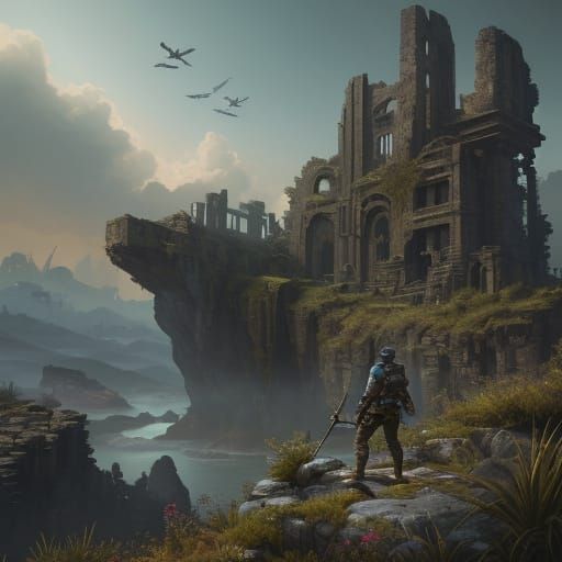 Surreal Cyberpunk Hunter in Ancient Ruins Landscape