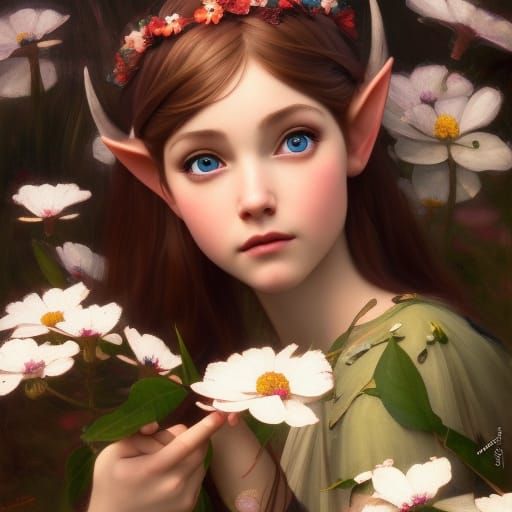 Elf Princess with Flowers and Goblins, Oil Painting