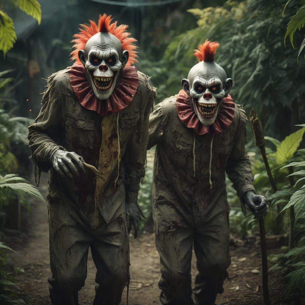 Zombie Monkey Monster Clowns in Creepy Garden