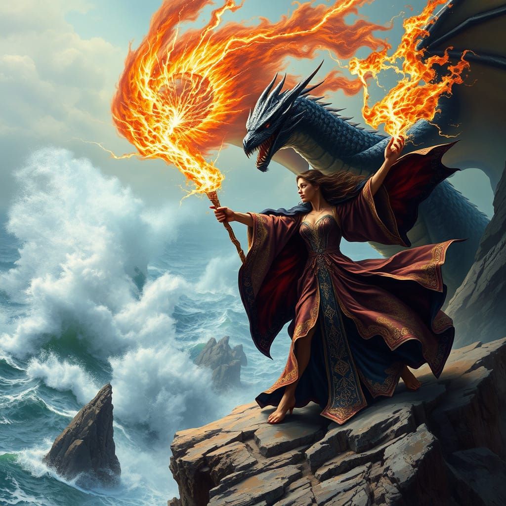 Mystical Sorceress Battles Shadow Dragon on Cliffside