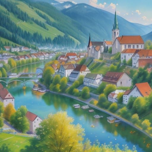 Picturesque Austrian Town in Impressionistic Watercolor Styl...