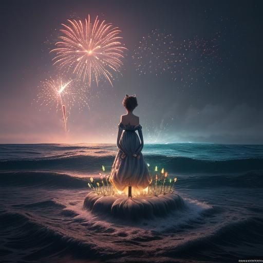 Sparkling Kitten with Tulips, Ocean, and Fireworks