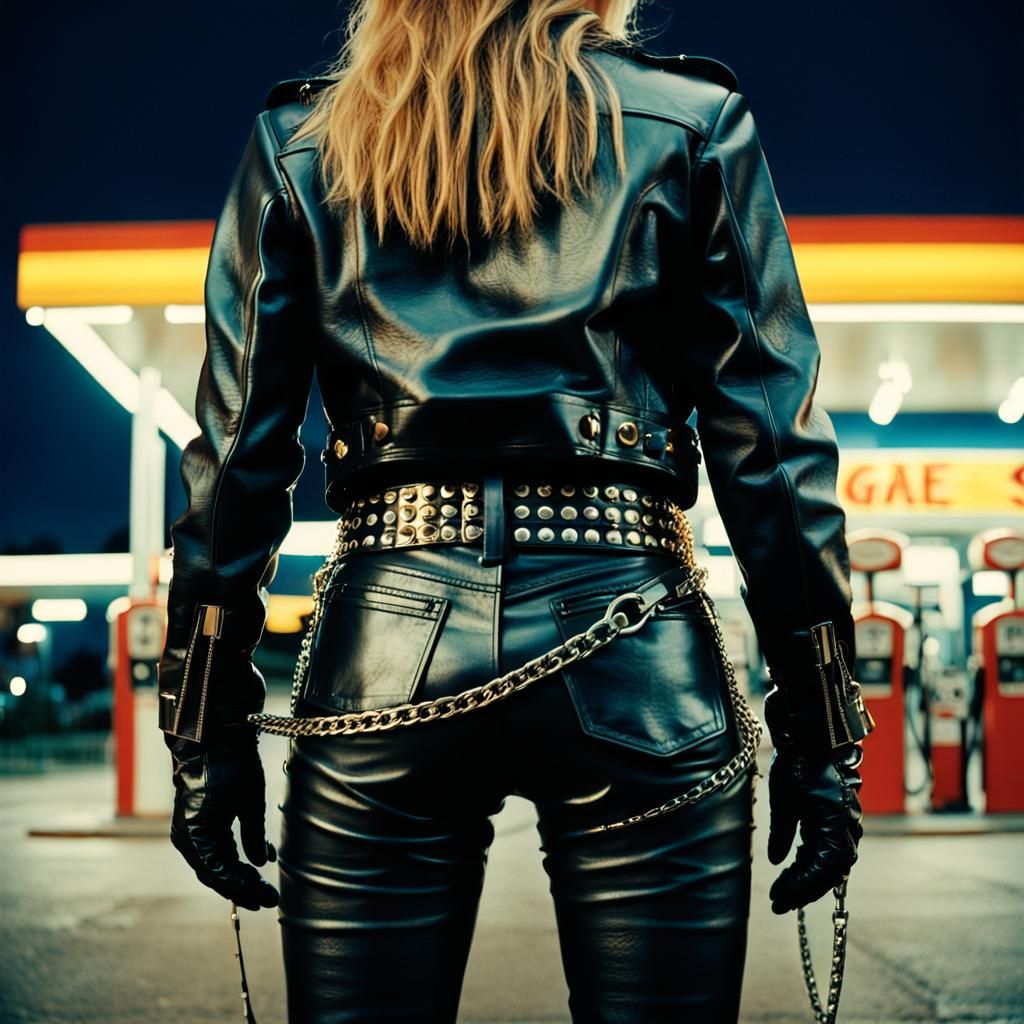 Woman in Leather Jacket at Gas Station in Film Style