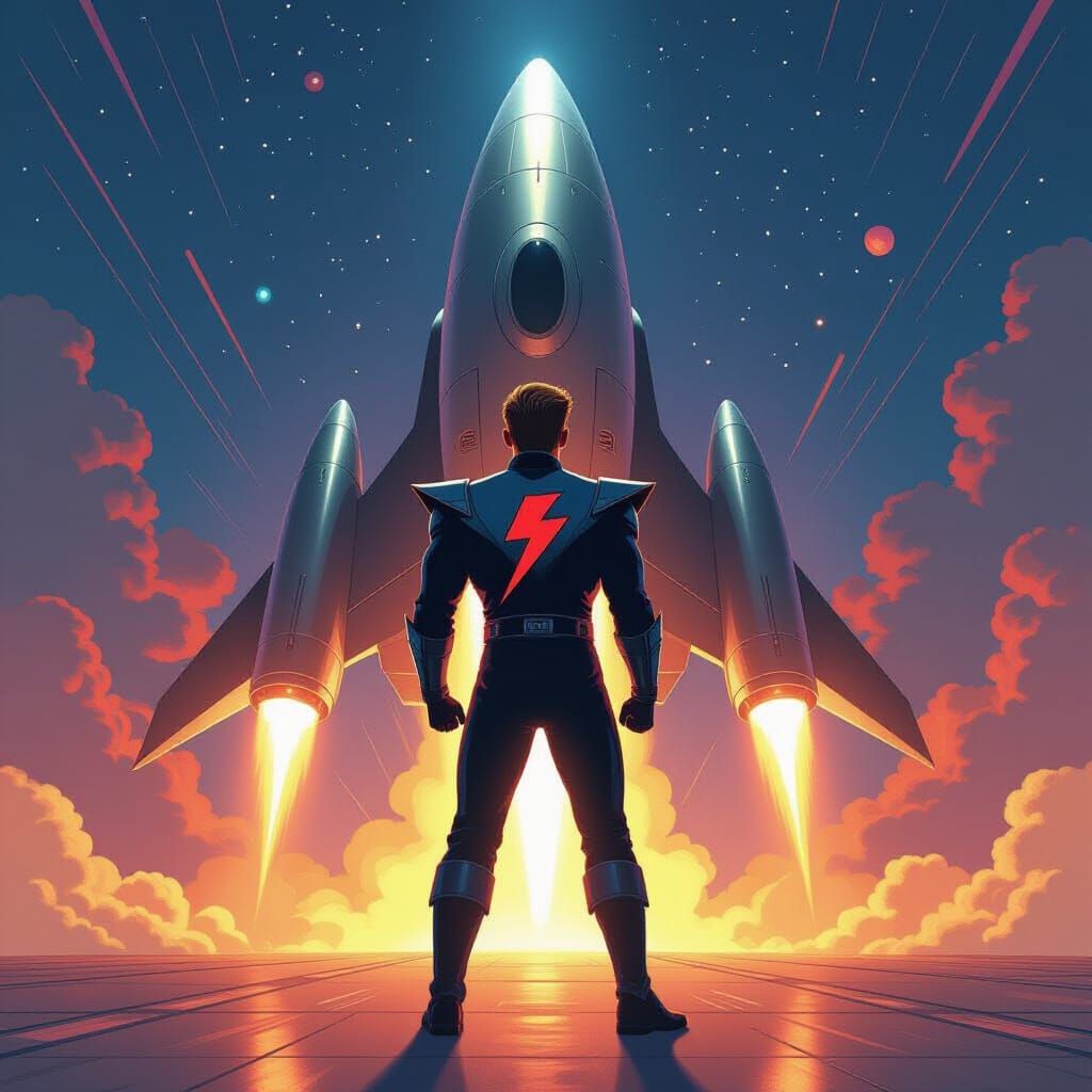 Flash Gordon and Rocket Ship in Retro-Futuristic Style