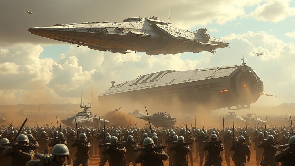 a battle damaged starship hovers in the sky before a vast ar...