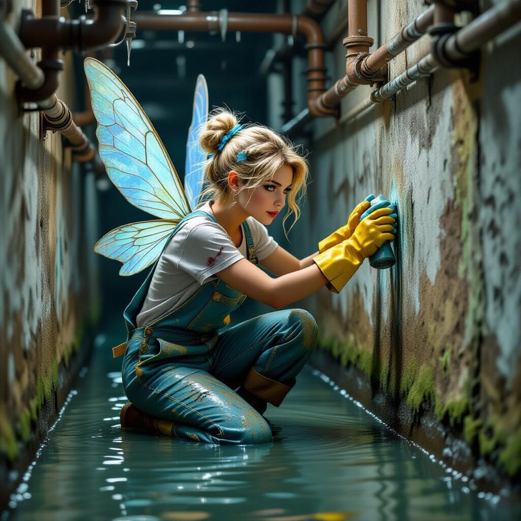 Fairy Janitor Cleans Sewer in Gritty Whimsical Style