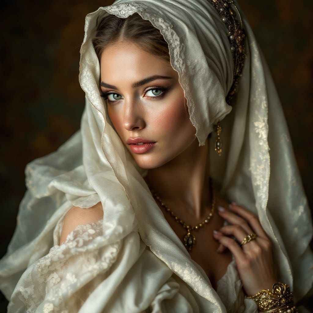 Elegant Noblewoman in Renaissance Attire with White Luska