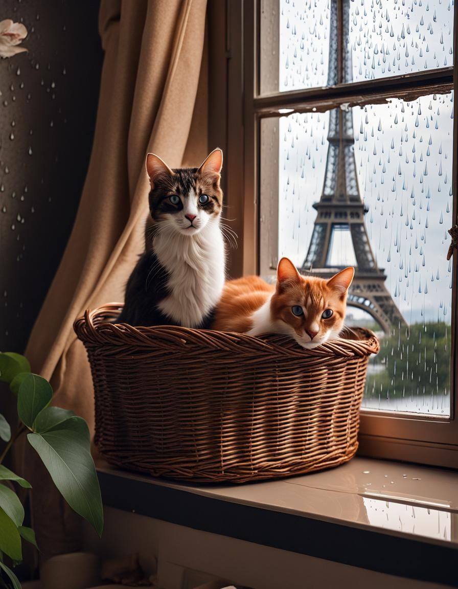 Cats Cuddling with Eiffel Tower View