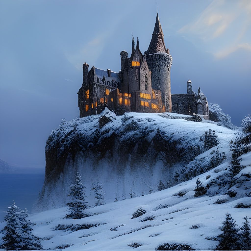 Majestic Gothic Castle in Snowy Blizzard as Oil Painting