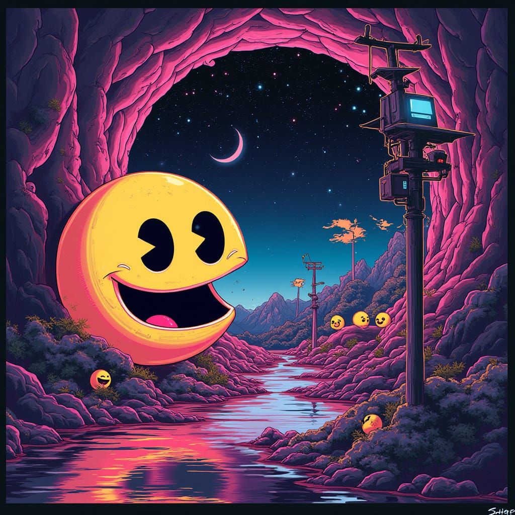 Vaporwave Pacman in a Neon-Lit Vortex of Japanese Characters