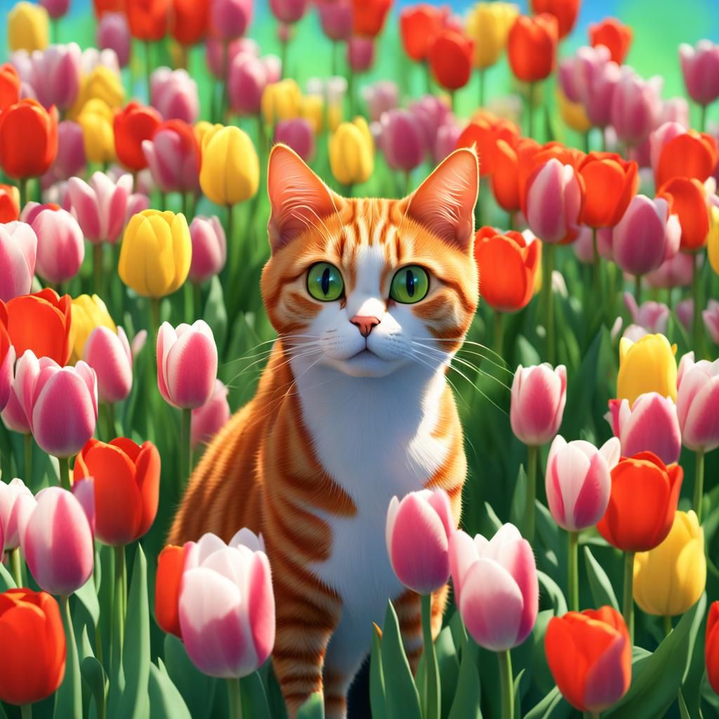 Orange Tabby Cat with Tulips: 3D Digital Art