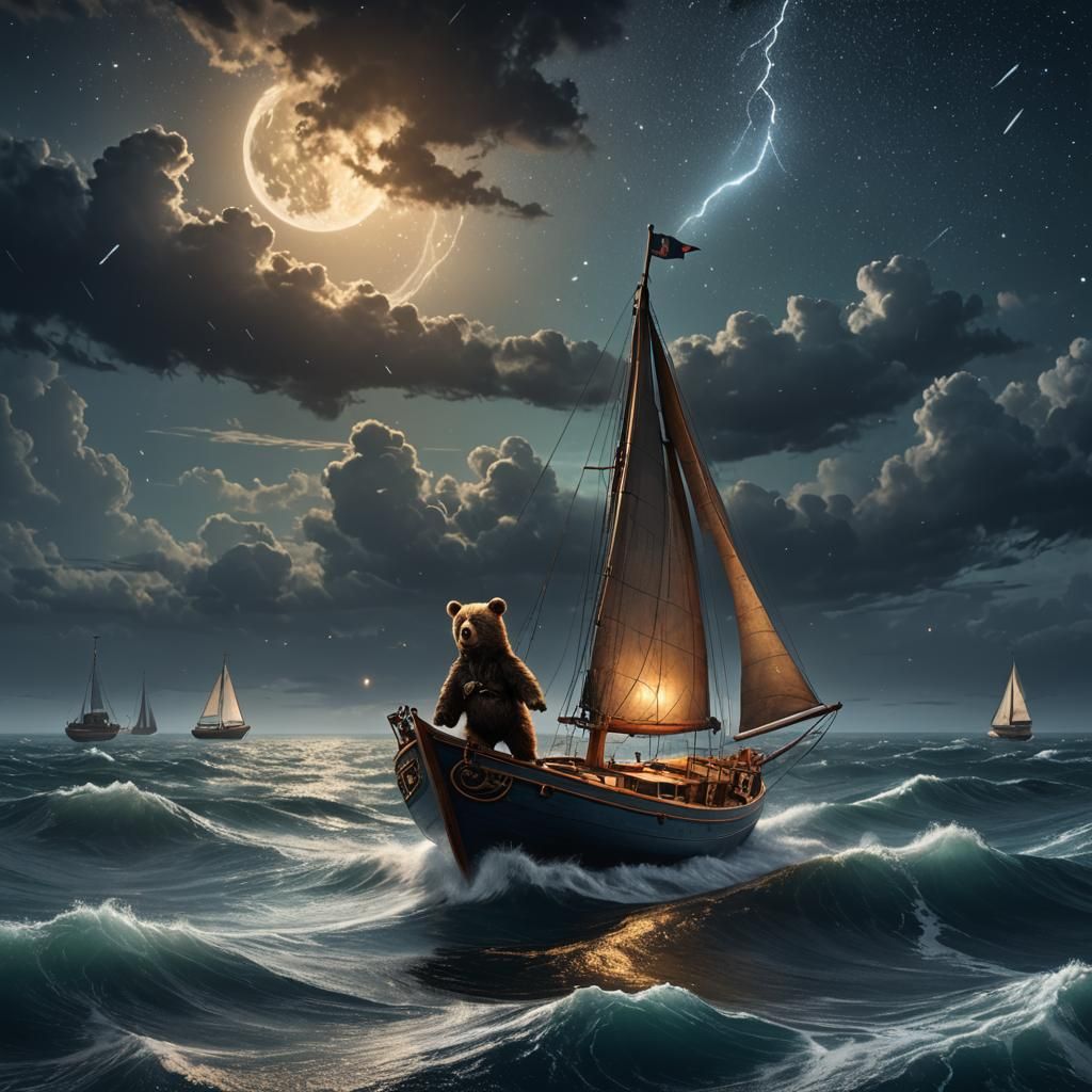 Bear Sailing Boat on Stormy Ocean, Detailed Matte Painting