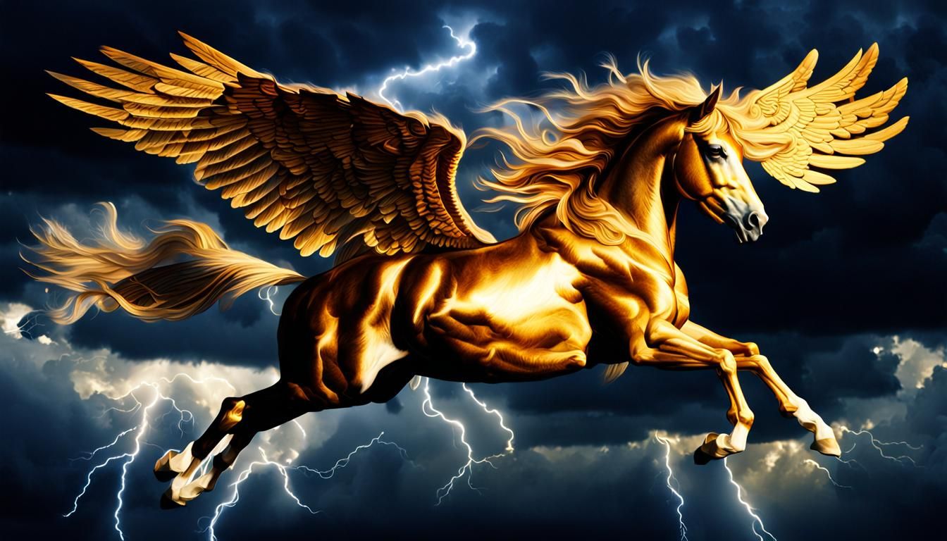 Golden Pegasus in Stormy Sky: Hyperrealistic Image