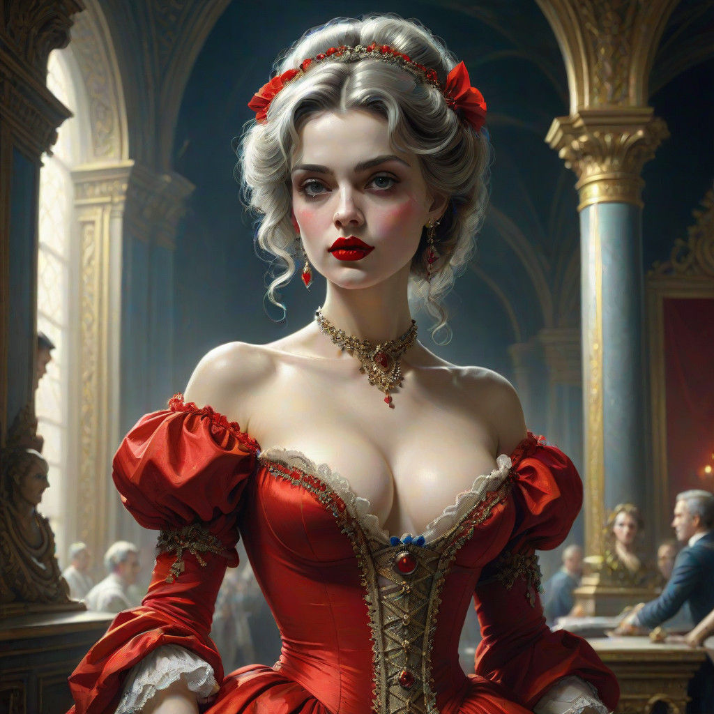 Elegant Woman in Ballroom, Dark Engraving Style