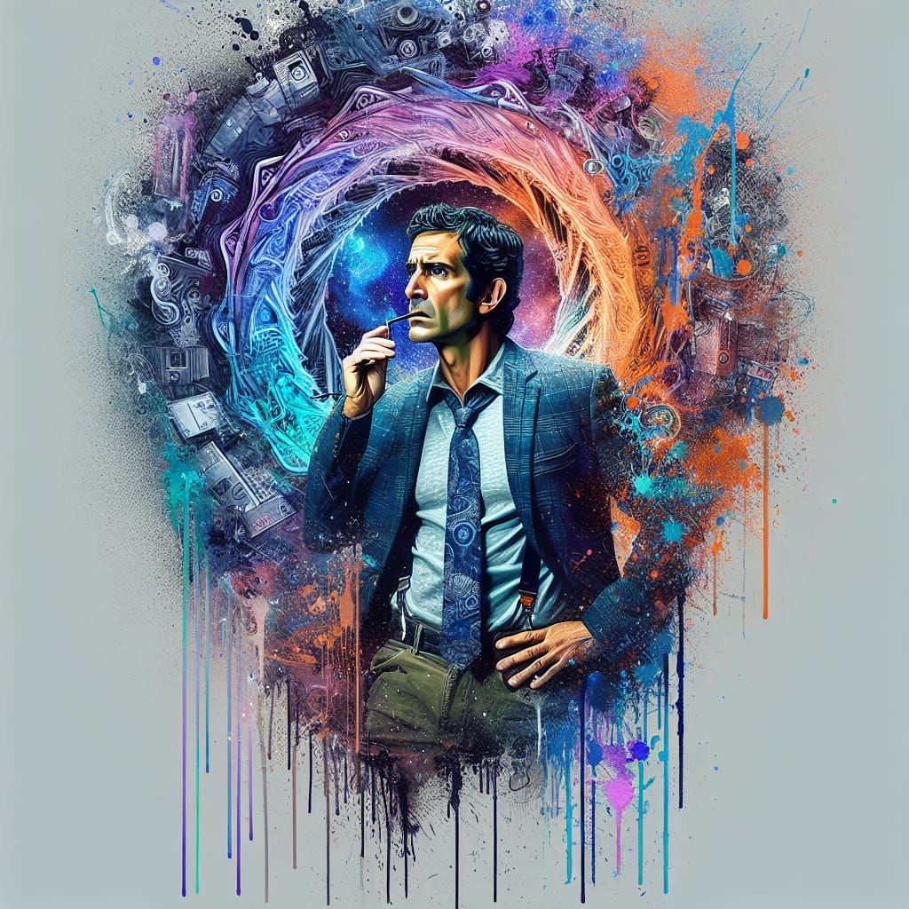 Contemplative Man in Polychromatic Street Art Style