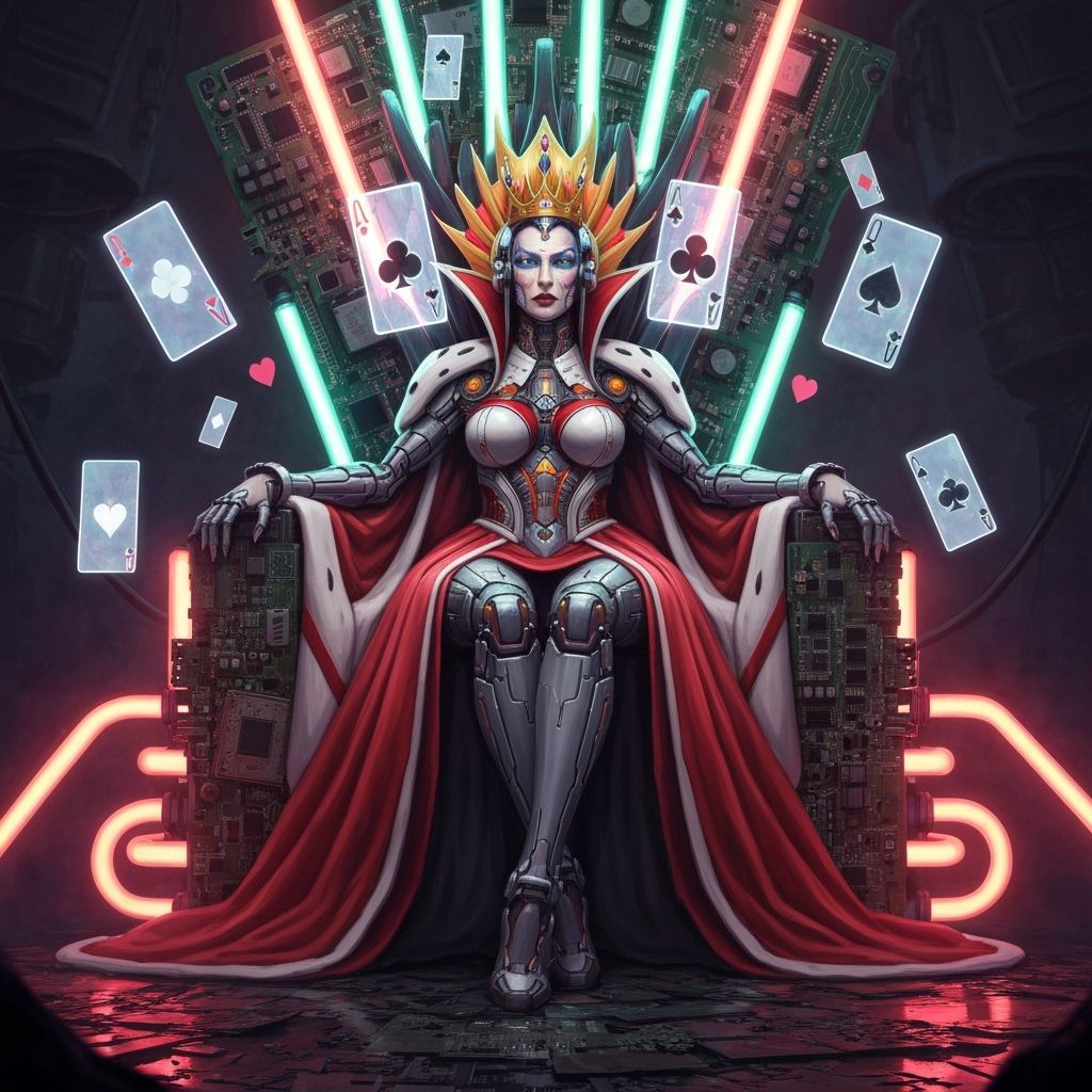 Cyberpunk Queen of Hearts Empress on Circuit Board Throne