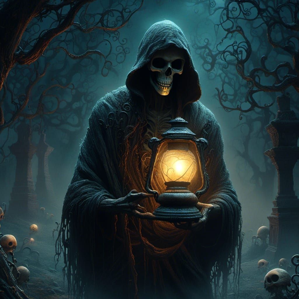 Ghostly Figure in Graveyard, Dark Fantasy Illustration