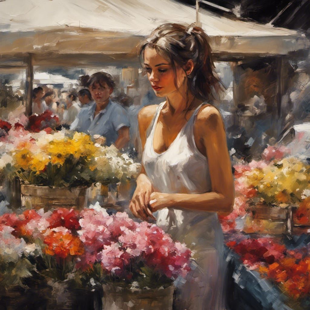 Woman at Flower Stand: Oil Painting Masterpiece