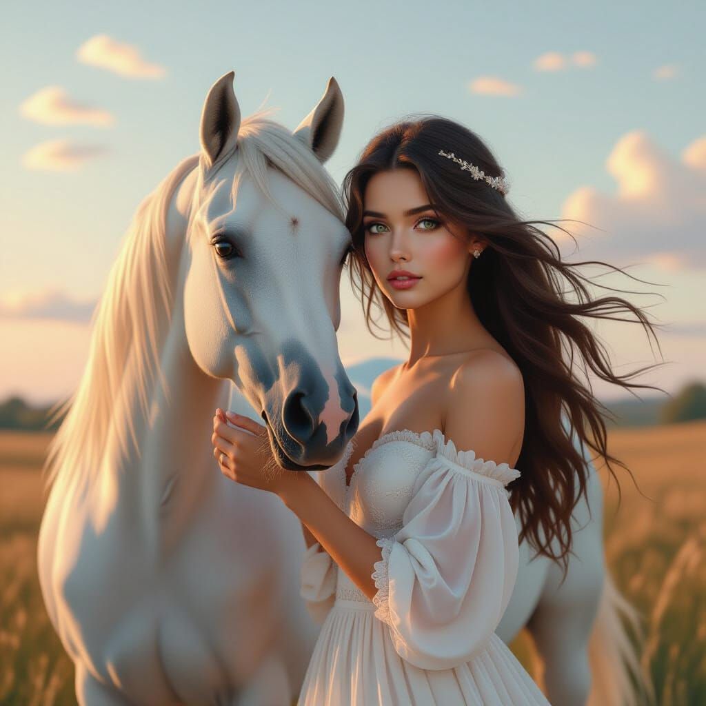 Beautiful Girl and Horse in Serene Landscape
