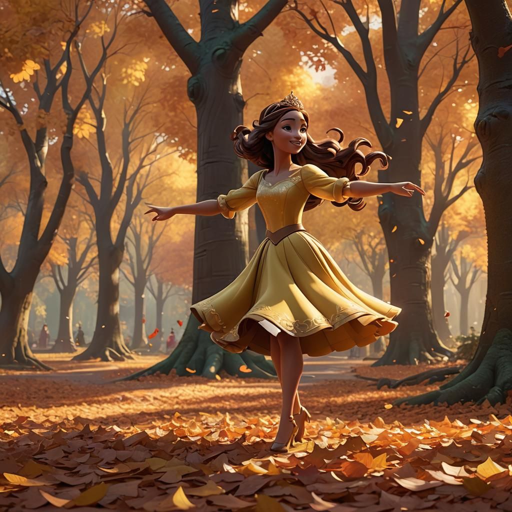 Disney Princess Dances in Autumn Park: Pixar-Inspired 3D Art