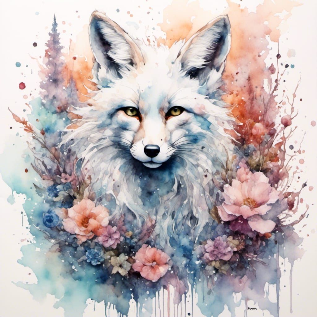 Pastel Snow Fox in Watercolor Flower Forest