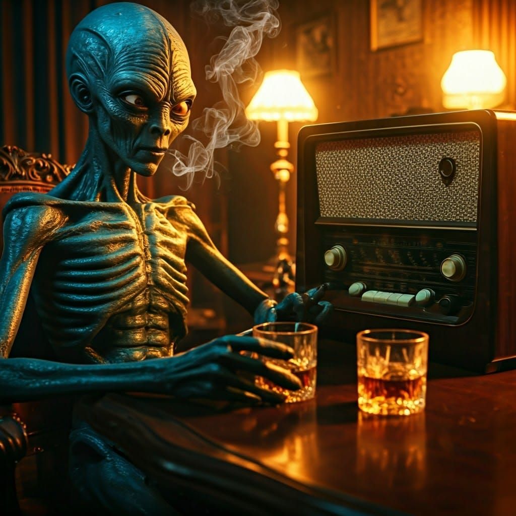 Aliens in Vintage Parlor, Sipping Whiskey by Golden Light