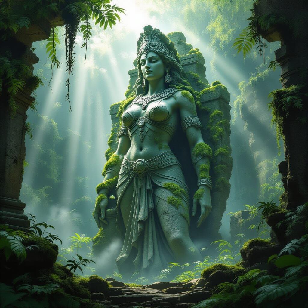 Ancient Goddess Hera Sculpture in Misty Jungle Temple