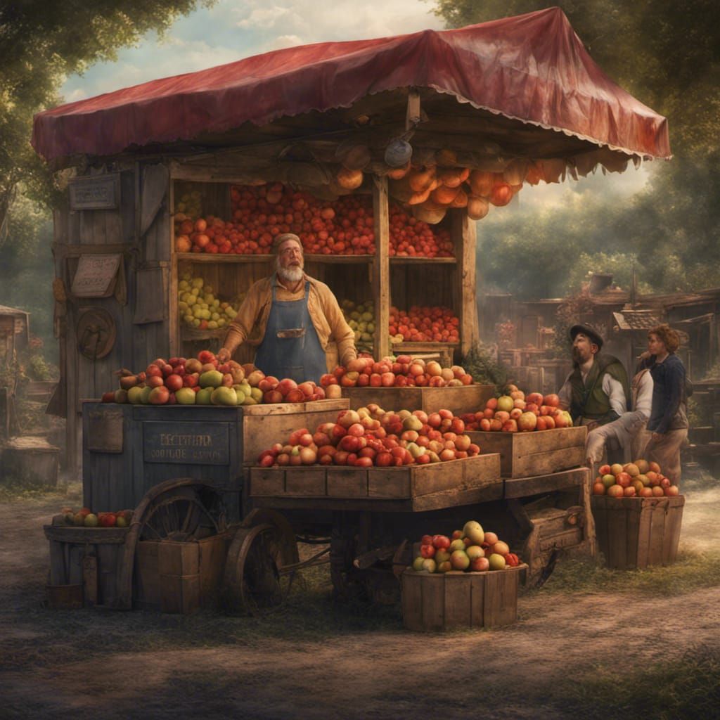 Hyperrealistic Apple Stand with Customers