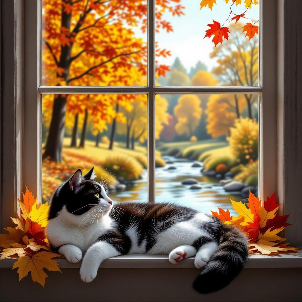 Cat Gazing at Autumn Landscape: Photorealistic