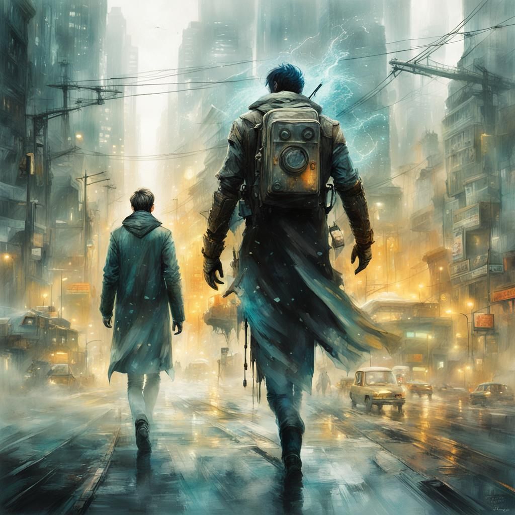 Man Walks in Foggy Sci-Fi City: Watercolor Art