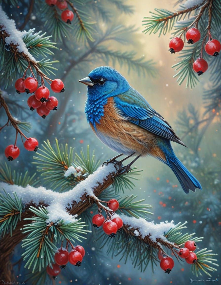 Indigo Bunting Bird in Snowy Pine Tree with Red Berries