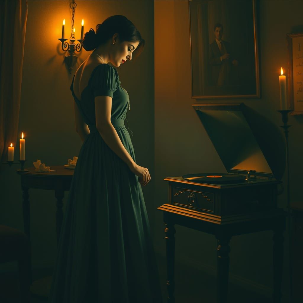 Vintage Woman and Victrola in Rockwell Style