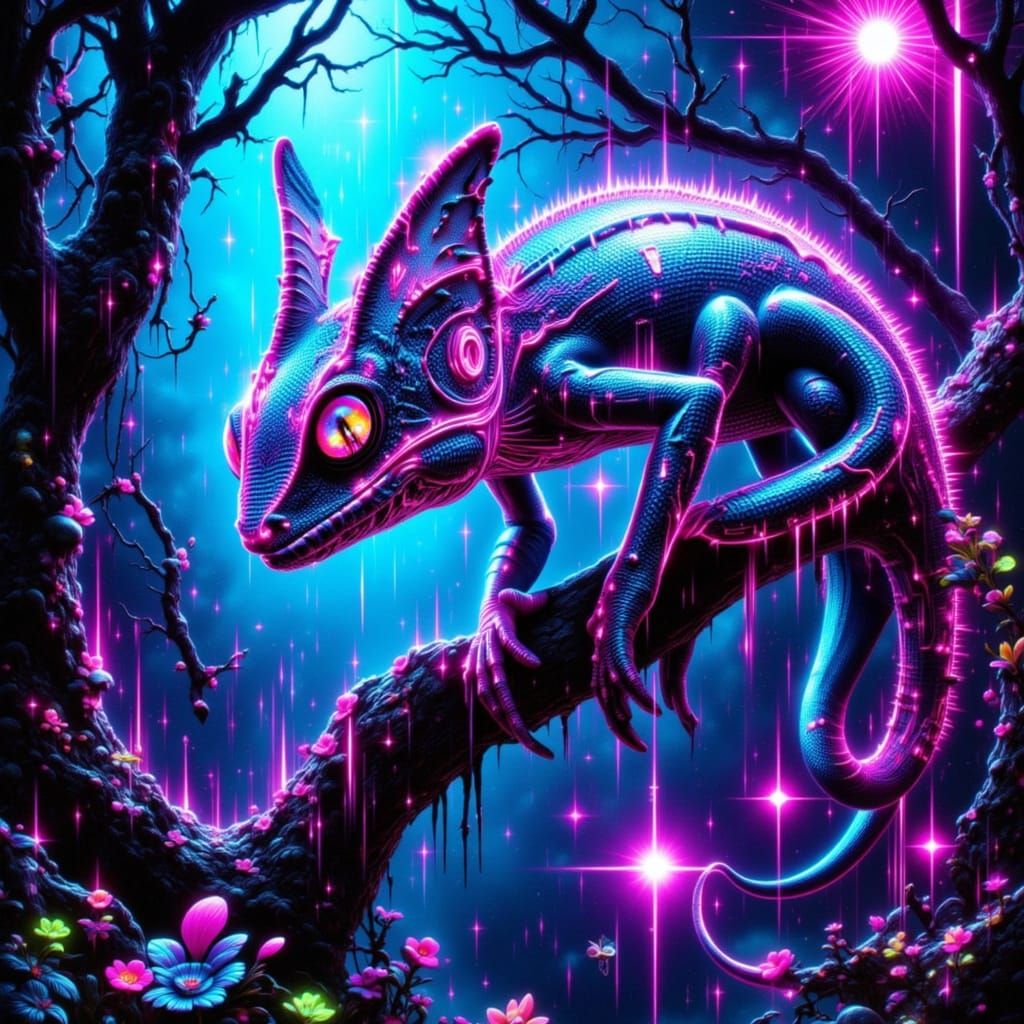 Futuristic Chameleon in Alien Jungle Oil Painting