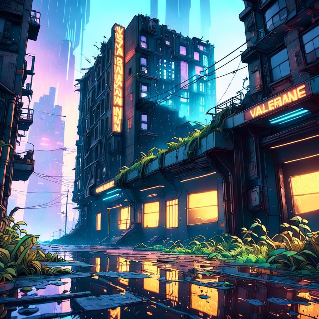 Post-Apocalyptic Cityscape with Neon Lights in 3D Style