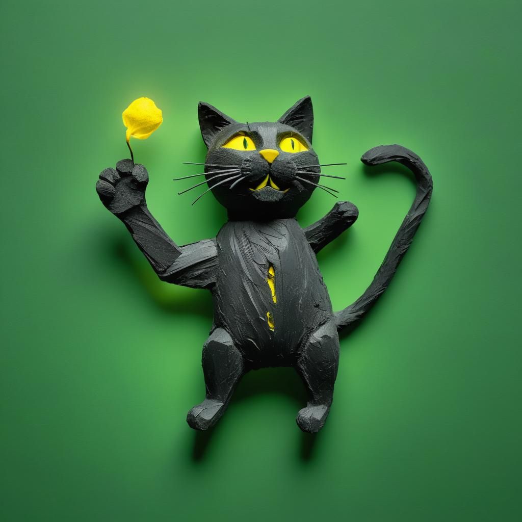 Playful Charcoal Cat Figurine in Studio Light