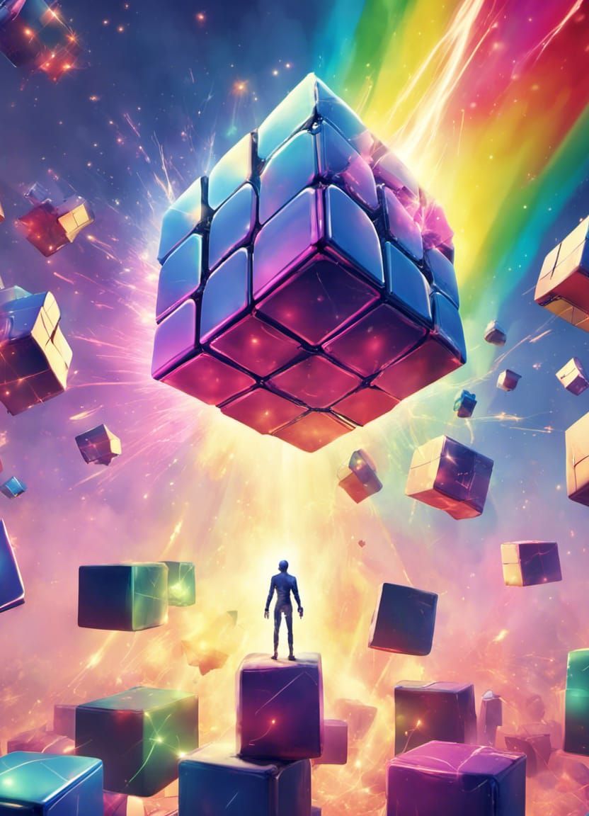 Surreal Humans Attack Cubic Rainbow Creature in 3D