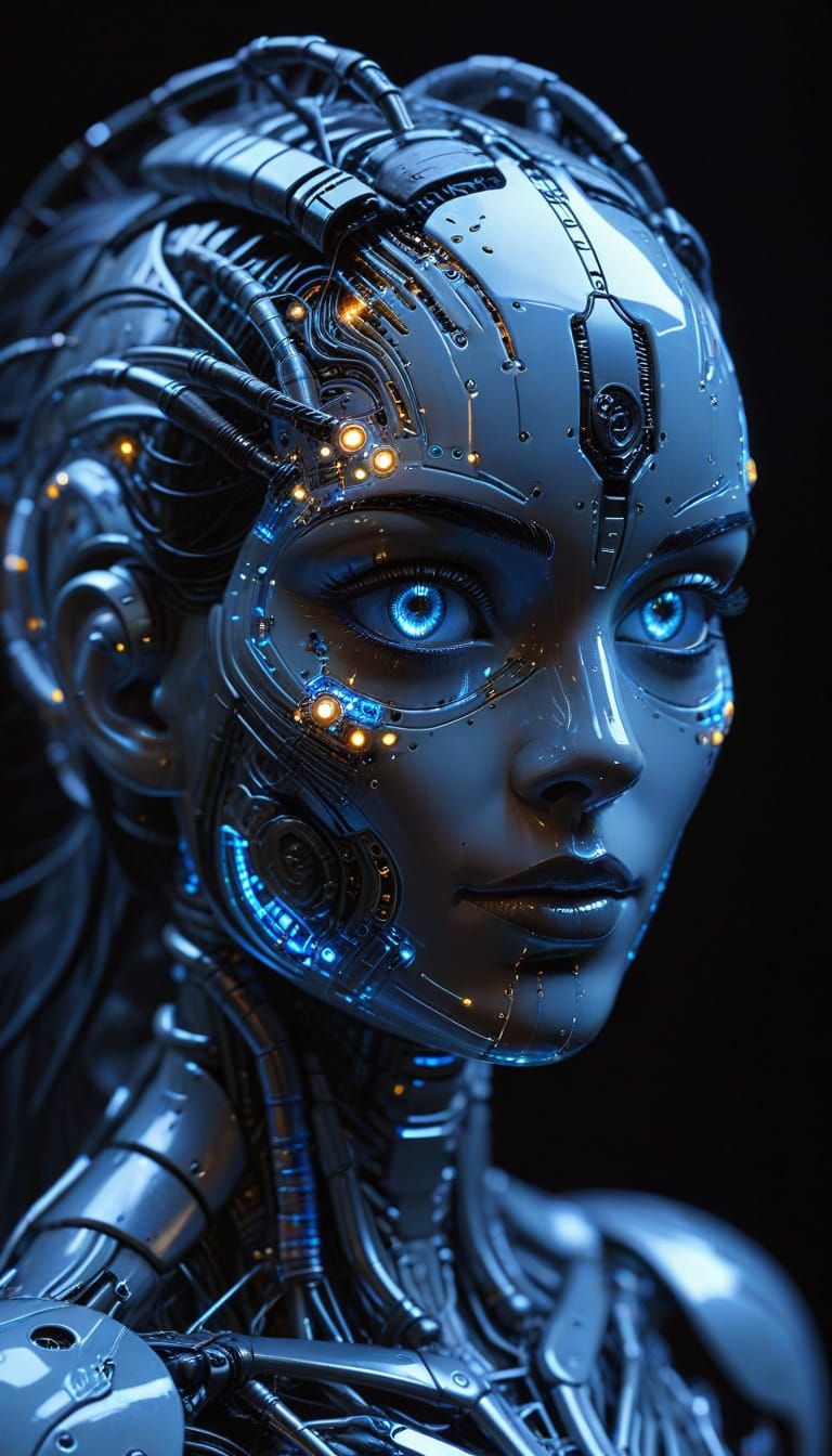 Robot Woman with Glowing Eyes and Ceramic Skin