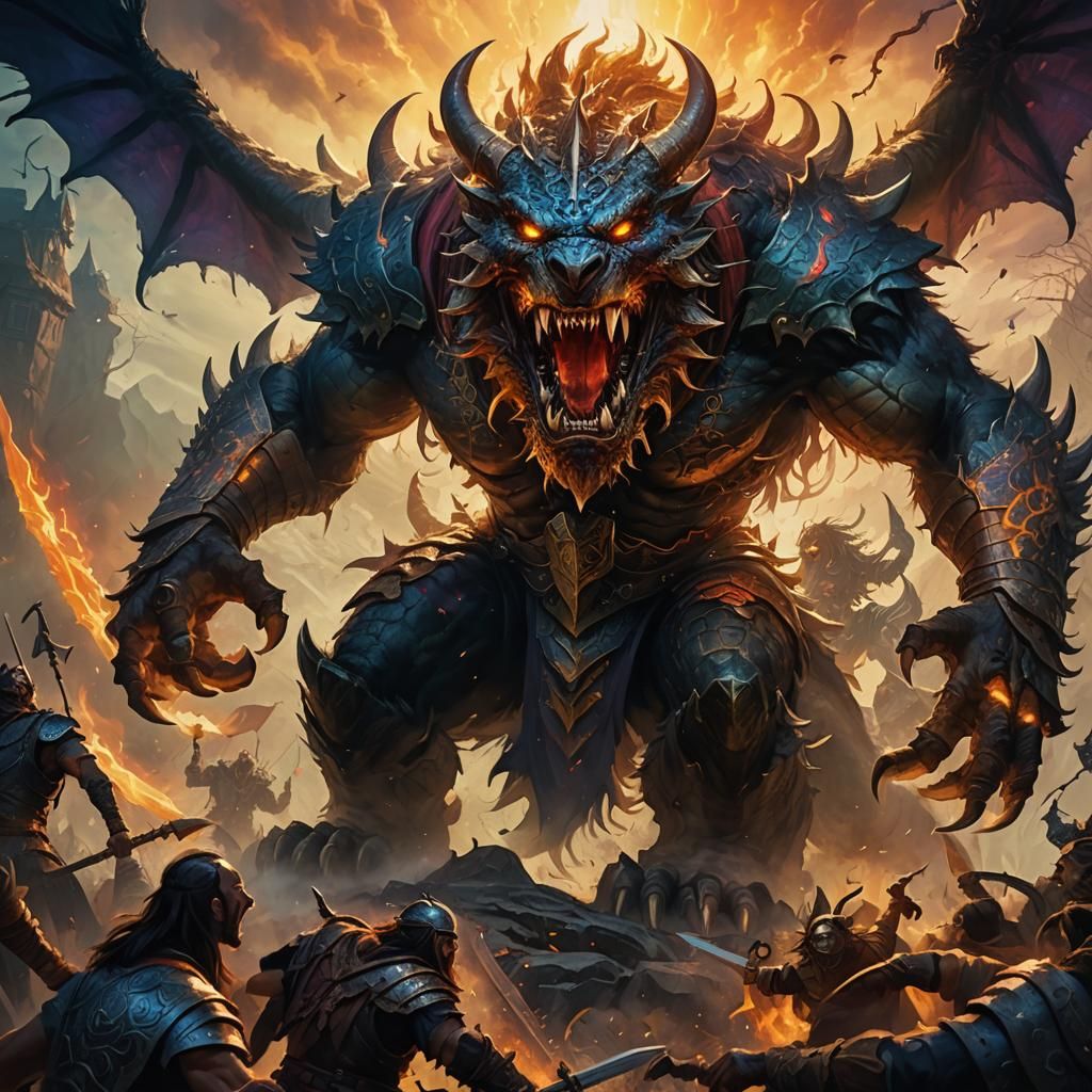 Epic Fantasy Monster Roaring at Warrior