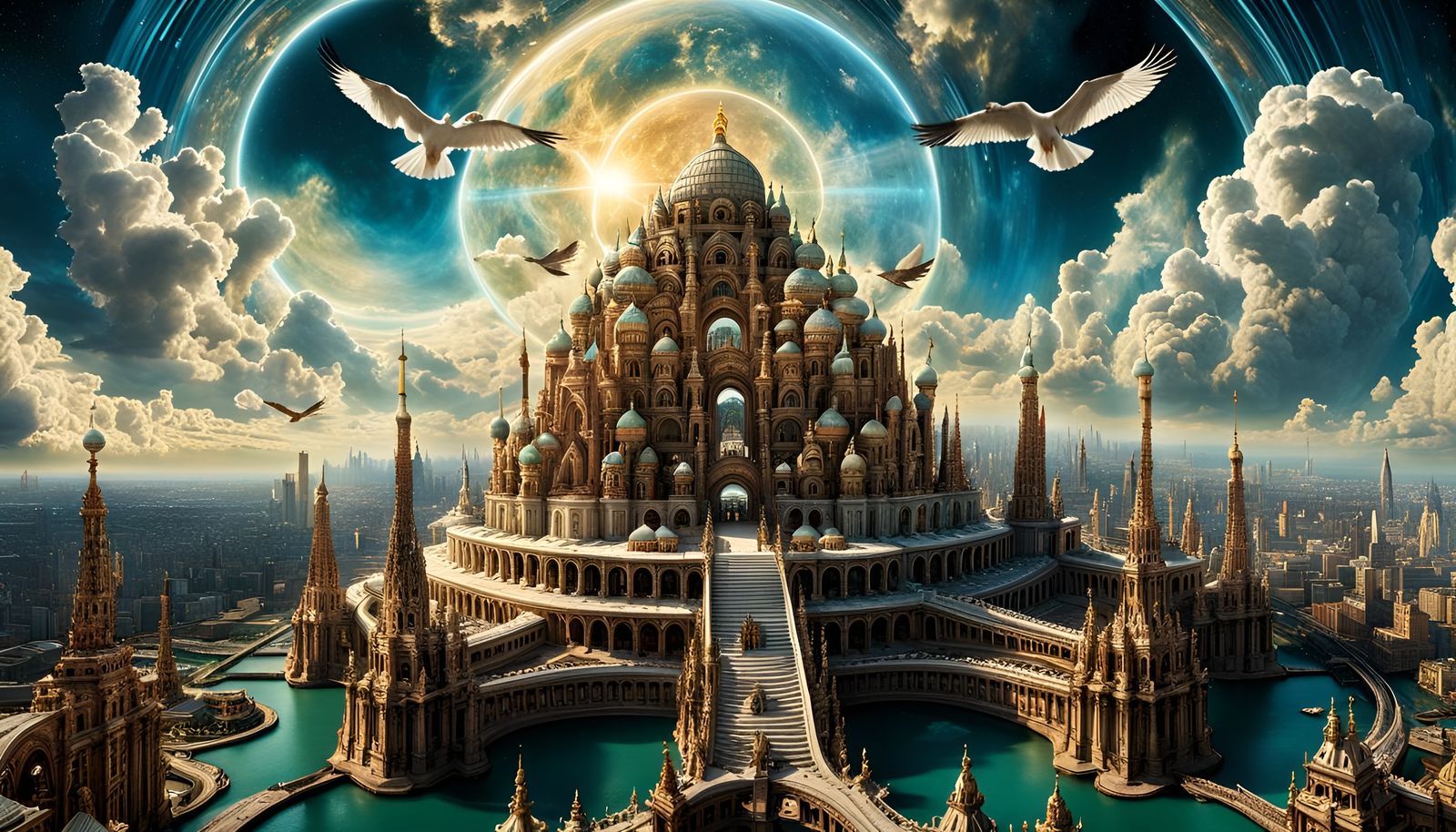 Utopian Sky City with Birds in Glitch Art