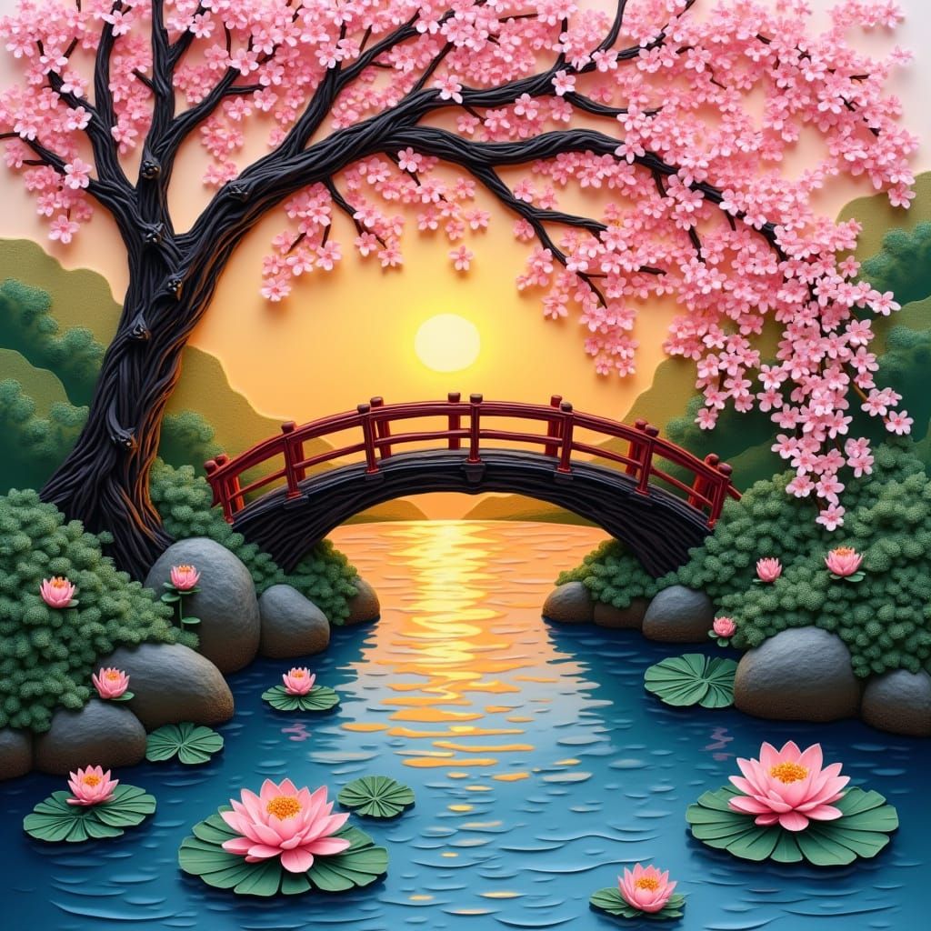 Quilled Paper Bridge Over Waterlily Pond at Sunset